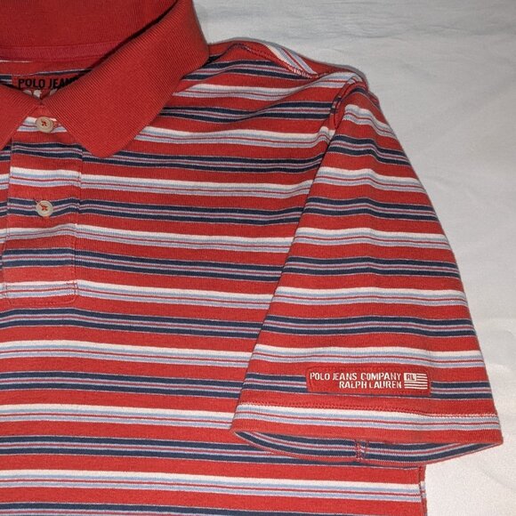 VINTAGE POLO JEANS Company Shirt Ralph Lauren Mens Large Blue / Red Striped Y2K - Picture 5 of 9